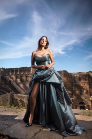Off Shoulder Draped Cut Outs Taffeta Long Dress