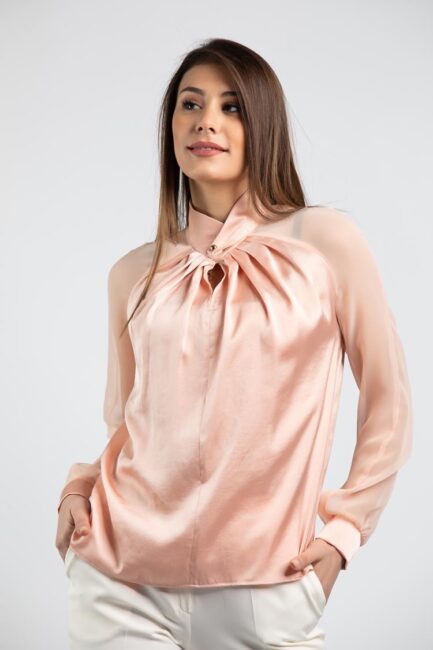 satin blouse with chiffon sleeves