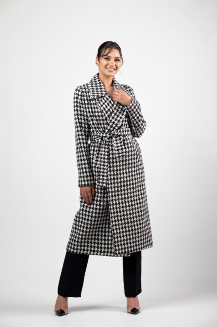 Jacquared Tweed With Belt Long Coat