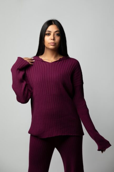 Ribbed Hoods Knitted Sweater